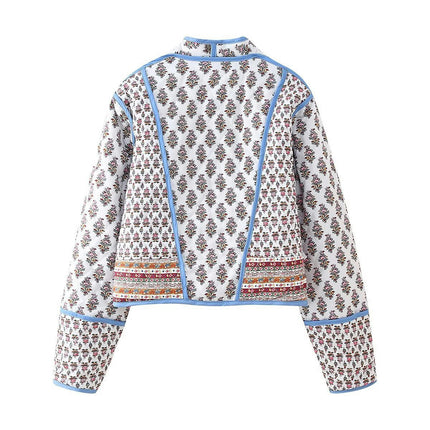 Womens Quilted Coats Lightweight Floral Print Button Down Long Sleeve Jacket Outwear