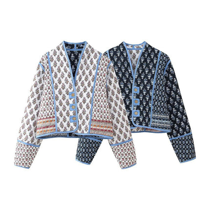 Womens Quilted Coats Lightweight Floral Print Button Down Long Sleeve Jacket Outwear