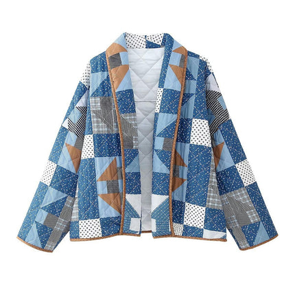 Women's Quilted Jacket Open Front Print Long Sleeve Lightweight  Outwear Coat