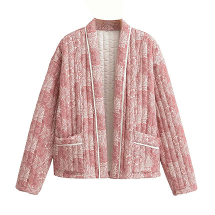 Women's Padded Quilted Jacket Cardigan Floral Printed Lightweight Long Sleeve Open Front Coats