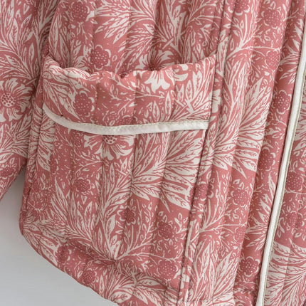 Women's Padded Quilted Jacket Cardigan Floral Printed Lightweight Long Sleeve Open Front Coats