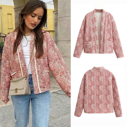 Women's Padded Quilted Jacket Cardigan Floral Printed Lightweight Long Sleeve Open Front Coats