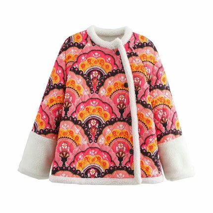 Women Floral Print Quilted Jackets Warm Sherpa Fleece Lined Button Down Long Sleeve Coat