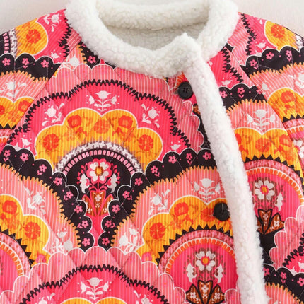Women Floral Print Quilted Jackets Warm Sherpa Fleece Lined Button Down Long Sleeve Coat