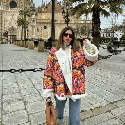 Women Floral Print Quilted Jackets Warm Sherpa Fleece Lined Button Down Long Sleeve Coat