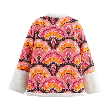 Women Floral Print Quilted Jackets Warm Sherpa Fleece Lined Button Down Long Sleeve Coat