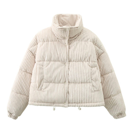Womens Corduroy Cropped Puffer Jacket Winter Warm Long Sleeve Zip Quilted Coat