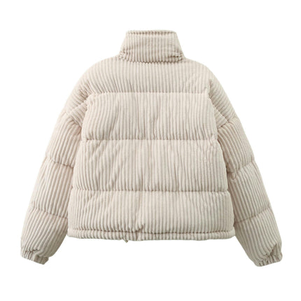 Womens Corduroy Cropped Puffer Jacket Winter Warm Long Sleeve Zip Quilted Coat