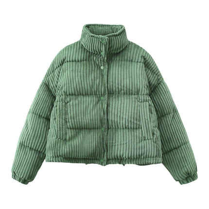 Womens Corduroy Cropped Puffer Jacket Winter Warm Long Sleeve Zip Quilted Coat