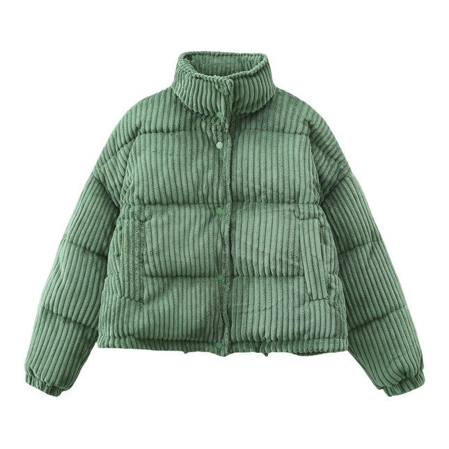 Womens Corduroy Cropped Puffer Jacket Winter Warm Long Sleeve Zip Quilted Coat