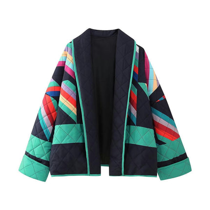 Women's Quilted Jacket Cardigan Lightweight Colorblock Open Front Padded Coat