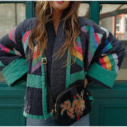 Women's Quilted Jacket Cardigan Lightweight Colorblock Open Front Padded Coat