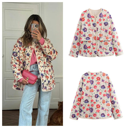Women's Floral Printed Lightweight Padded Coat Button Down Jacket with Pockets