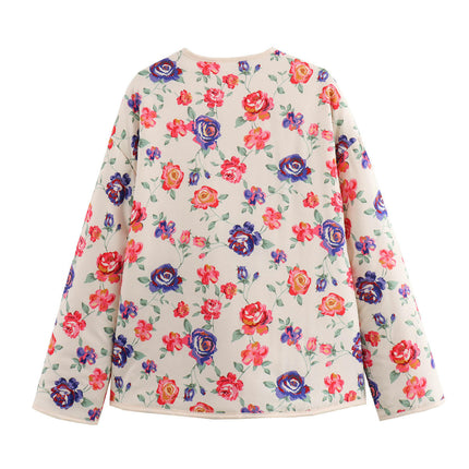Women's Floral Printed Lightweight Padded Coat Button Down Jacket with Pockets