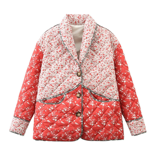 Womens Lightweight Floral Print Quilted Jacket Button Down Long Sleeve Outwear Coats