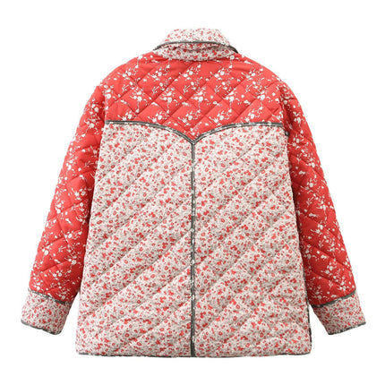 Womens Lightweight Floral Print Quilted Jacket Button Down Long Sleeve Outwear Coats