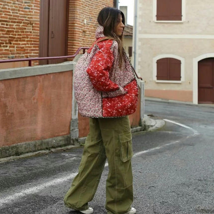 Womens Lightweight Floral Print Quilted Jacket Button Down Long Sleeve Outwear Coats