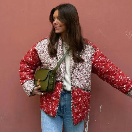 Womens Lightweight Floral Print Quilted Jacket Button Down Long Sleeve Outwear Coats