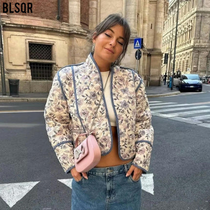 Women's Floral Quilted Jackets Open Front Lightweight Padded Cardigan Coat