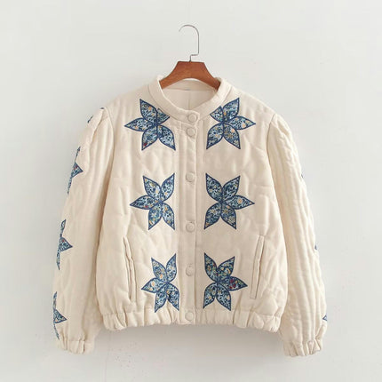 Women's Cropped Quilted Jacket Lightweight Flower Embroidery Outerwear Coats