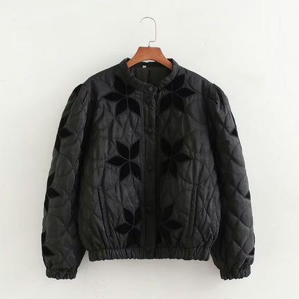 Women's Cropped Quilted Jacket Lightweight Flower Embroidery Outerwear Coats