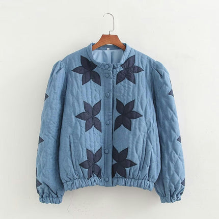 Women's Cropped Quilted Jacket Lightweight Flower Embroidery Outerwear Coats