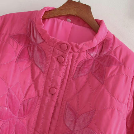 Women's Cropped Quilted Jacket Lightweight Flower Embroidery Outerwear Coats