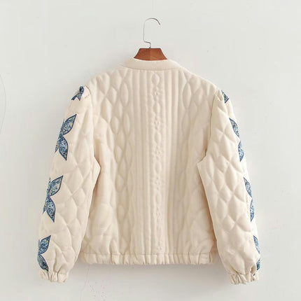 Women's Cropped Quilted Jacket Lightweight Flower Embroidery Outerwear Coats
