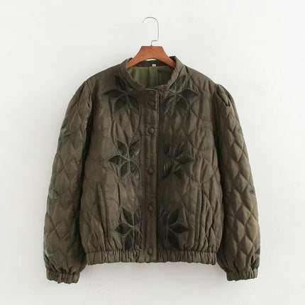 Women's Cropped Quilted Jacket Lightweight Flower Embroidery Outerwear Coats