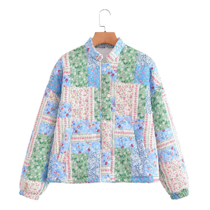 Women's Long Sleeve Quilted Jacket Button Down Floral Printed Lightweight Padded Coats