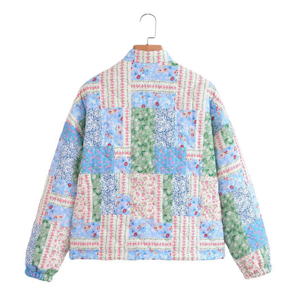 Women's Long Sleeve Quilted Jacket Button Down Floral Printed Lightweight Padded Coats