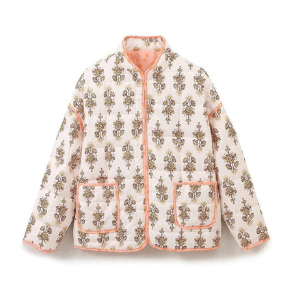 Women's Lightweight Floral Print Long Sleeve Jacket Open Front Padded Quilted Coat