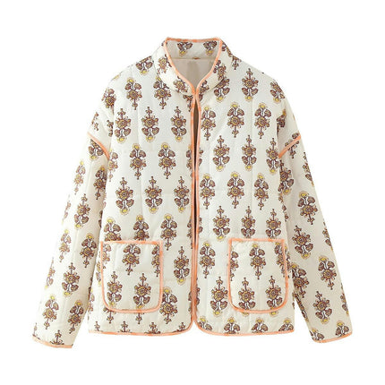Women's Lightweight Floral Print Long Sleeve Jacket Open Front Padded Quilted Coat
