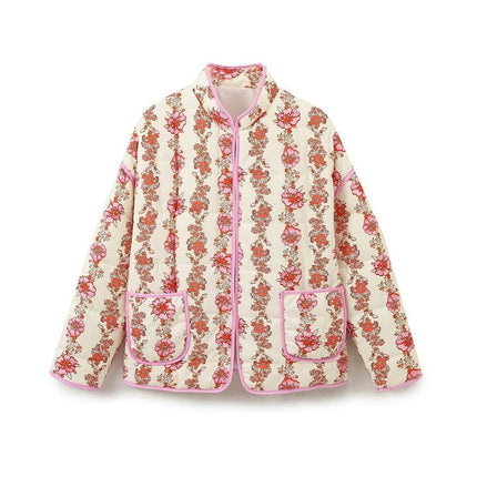 Women's Lightweight Floral Print Long Sleeve Jacket Open Front Padded Quilted Coat