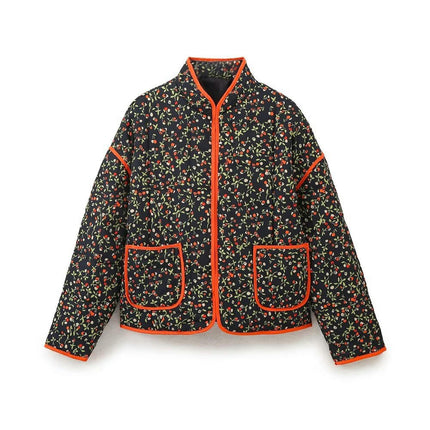 Women's Lightweight Floral Print Long Sleeve Jacket Open Front Padded Quilted Coat