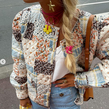 Womens Cropped Button Down Floral Print Quilted Jacket Lightweight Winter Padded Coat