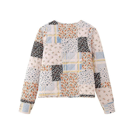 Womens Cropped Button Down Floral Print Quilted Jacket Lightweight Winter Padded Coat