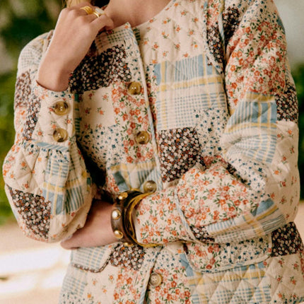 Womens Cropped Button Down Floral Print Quilted Jacket Lightweight Winter Padded Coat