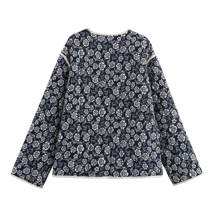 Womens Winter Open Front Floral Print Coat Lightweight Button Down Padded Quilted Jacket