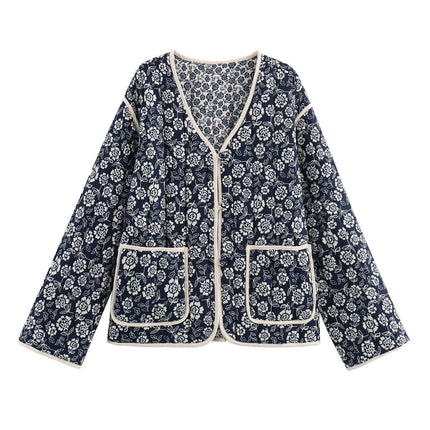 Womens Winter Open Front Floral Print Coat Lightweight Button Down Padded Quilted Jacket