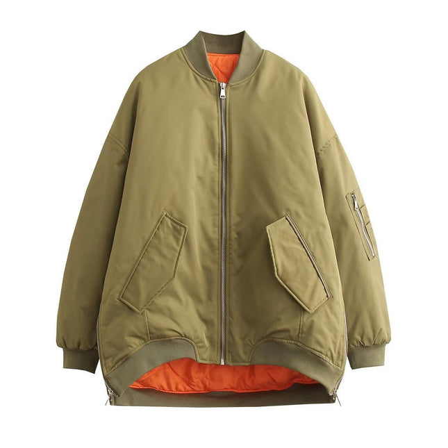 Women's Winter Bomber Jacket Zip Up Padded Coats Long Sleeve Outwear with Pockets