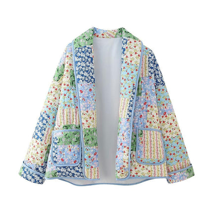 Women's Quilted Jacket Cardigan Floral Printed Lightweight Long Sleeve Open Front Padded Coats