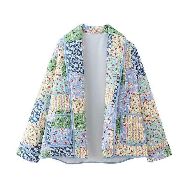 Women's Quilted Jacket Cardigan Floral Printed Lightweight Long Sleeve Open Front Padded Coats
