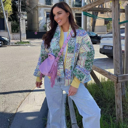 Women's Quilted Jacket Cardigan Floral Printed Lightweight Long Sleeve Open Front Padded Coats