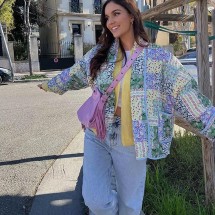 Women's Quilted Jacket Cardigan Floral Printed Lightweight Long Sleeve Open Front Padded Coats