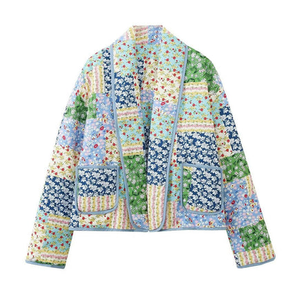 Women's Quilted Jacket Cardigan Floral Printed Lightweight Long Sleeve Open Front Padded Coats