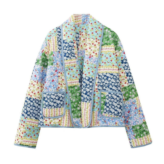 Women's Quilted Jacket Cardigan Floral Printed Lightweight Long Sleeve Open Front Padded Coats