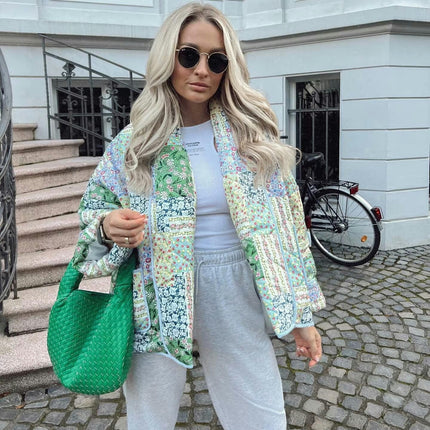 Women's Quilted Jacket Cardigan Floral Printed Lightweight Long Sleeve Open Front Padded Coats