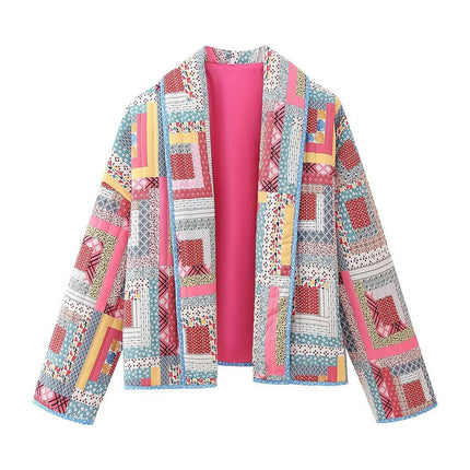 Women's Floral Quilted Jacket Lightweight Padded Outerwear Long Sleeve Cardigan Coat