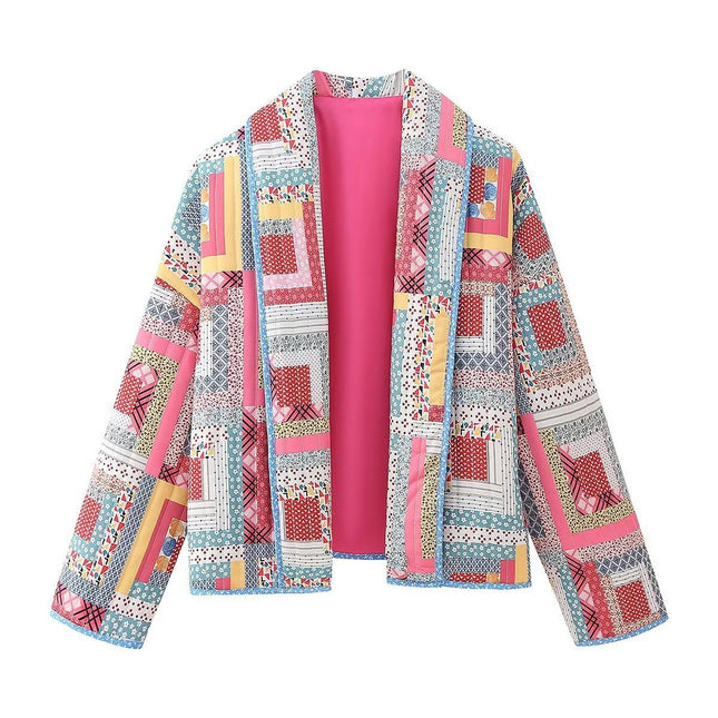 Women's Floral Quilted Jacket Lightweight Padded Outerwear Long Sleeve Cardigan Coat